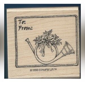 TO: FROM MUSIC HORN Holly Gift Tag Stampin Up 1998 Wood Mount Craft RUBBER STAMP